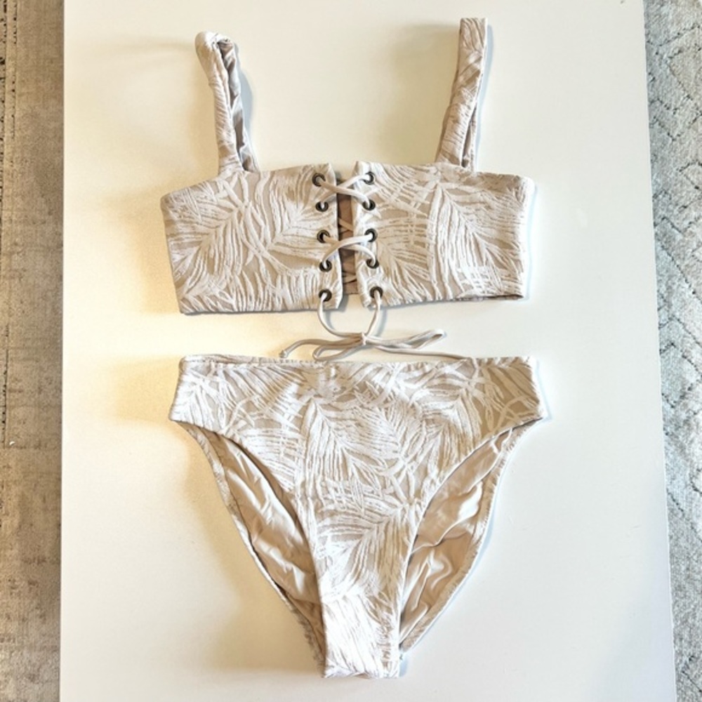 pq swim corset lace up bikini top palm leaf textured high rise bottoms